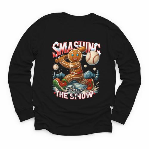 Baseball Player Christmas Gingerbread Smashing Through Snow Youth Long Sleeve Tee - Sportilla