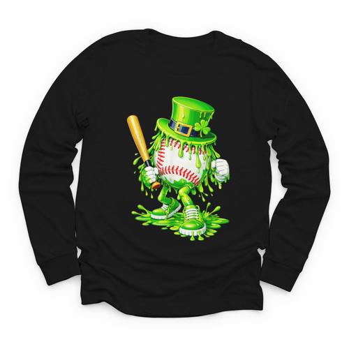 Baseball Player Ice Cream Drip Shamrocks St Patrick's Day Youth Long Sleeve Tee - Sportilla