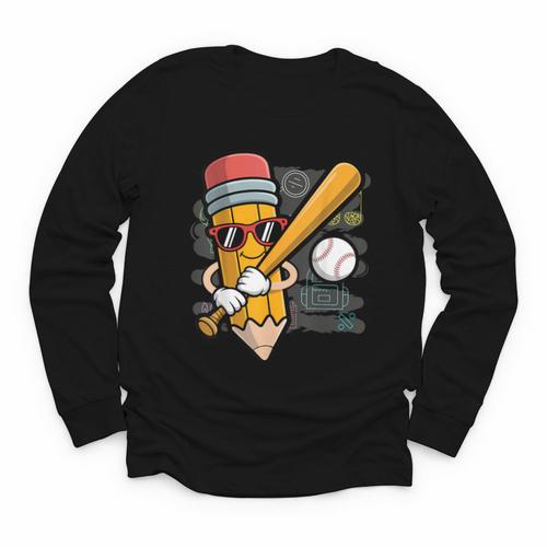 Baseball Player Pencil Back To School Cute Sport Students Youth Long Sleeve Tee - Savourry