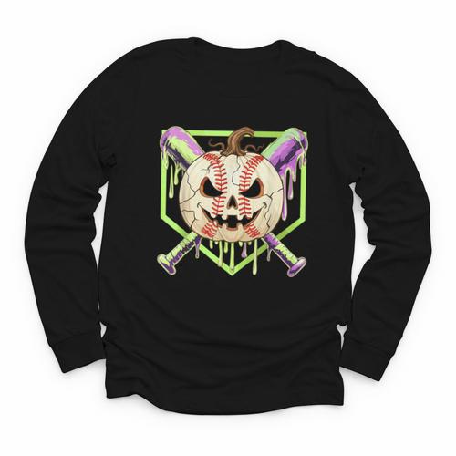 Baseball Pumpkin Halloween Baseball Drip Spooky Halloween Youth Long Sleeve Tee - Sportilla