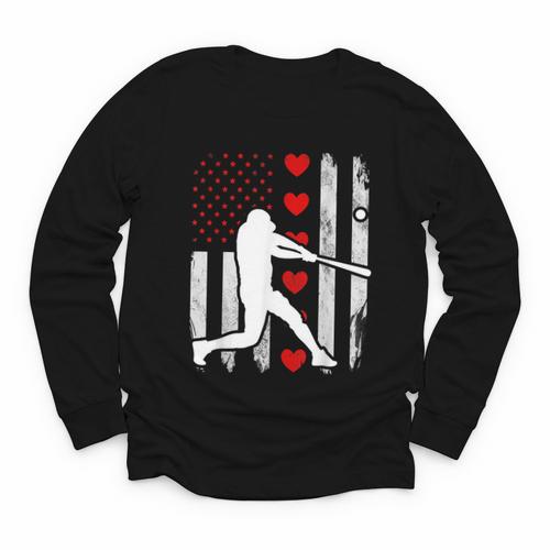 Baseball Silhouette Heart USA Flag Hearts American Boys Kids Youth Long Sleeve Tee - Sportilla
