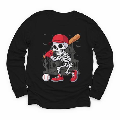 Baseball Skeleton Halloween Playing Youth Long Sleeve Tee - Sportilla