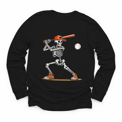 Baseball Skeleton Spooky Boys Halloween Baseball Player Youth Long Sleeve Tee - Sportilla