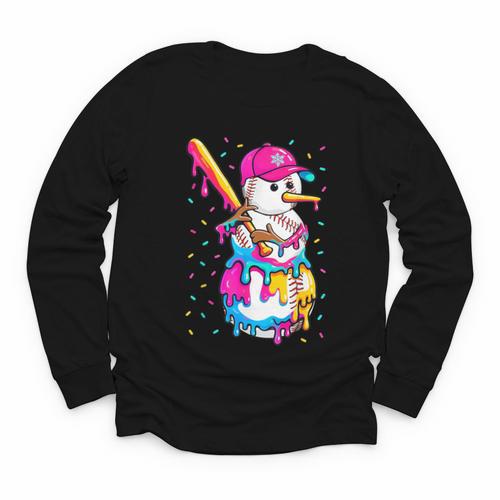 Baseball Snowman Drip Christmas Baseball Boys Men Kids Youth Long Sleeve Tee - Sportilla