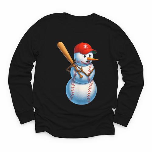 Baseball Snowman Merry Christmas Xmas Pajamas Men Women Kids Youth Long Sleeve Tee - Sportilla