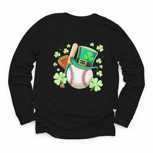 Baseball St Patricks Day Lucky Baseball Player Shamrock Youth Long Sleeve Tee - Sportilla