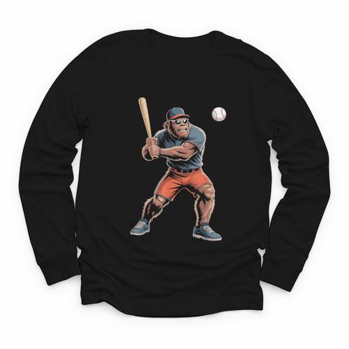 Bigfoot Playing Baseball Boys Kids Men Baseball Player Youth Long Sleeve Tee - Sportilla