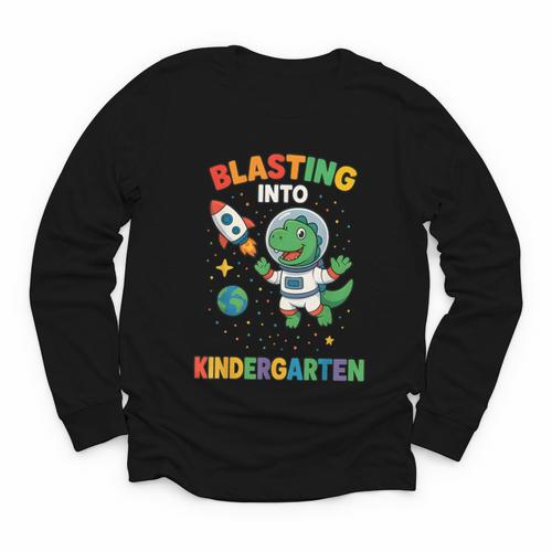 Blasting Into Kindergarten Dinosaur Astronaut Back To School Youth Long Sleeve Tee - Savourry