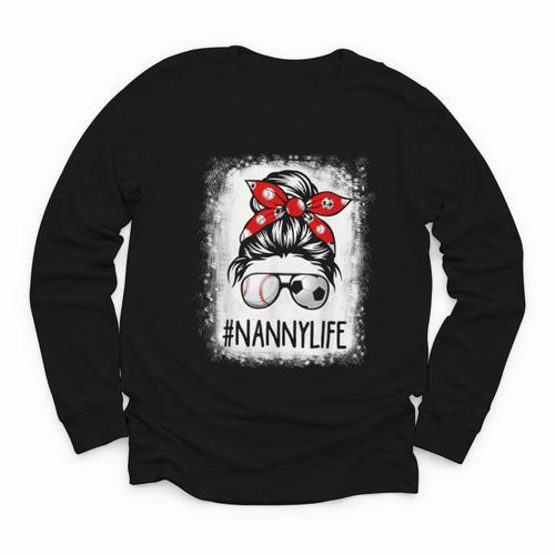 Bleached Nanny Life Soccer Messy Bun Baseball Game Day Youth Long Sleeve Tee - Sportilla