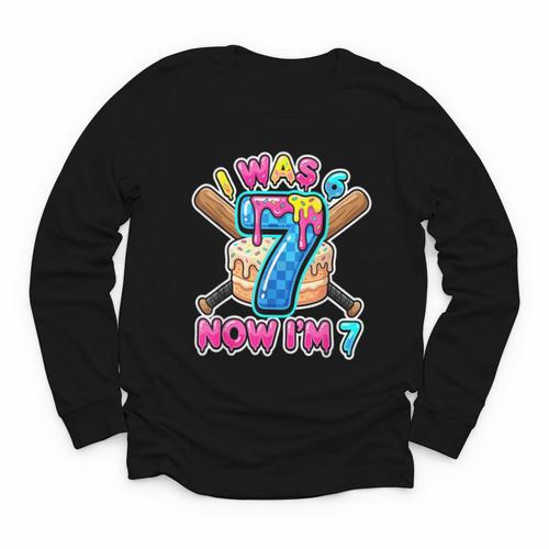 Blue Checkered I Was 6 Now I'm 7 Birthday Cake Baseball Drip Youth Long Sleeve Tee - Sportilla