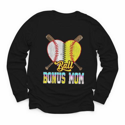 Bonus Mom Of Both Half Baseball Softball Ice Cream Drip Youth Long Sleeve Tee - Sportilla
