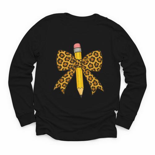 Bow Pencil Leopard First Day Of School Back To School Youth Long Sleeve Tee - Savourry