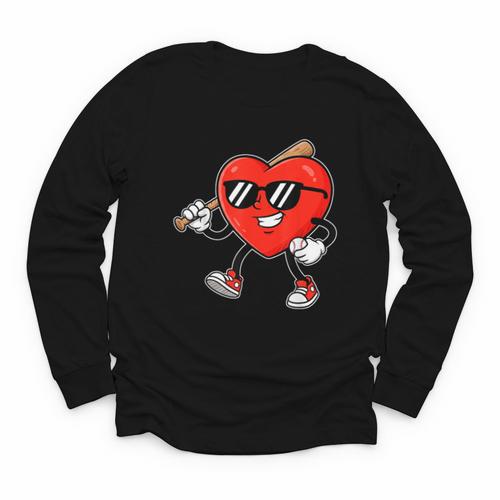 Boy Valentines Day Heart Love Baseball Boys Men Kids Youth Long Sleeve Tee - Sportilla