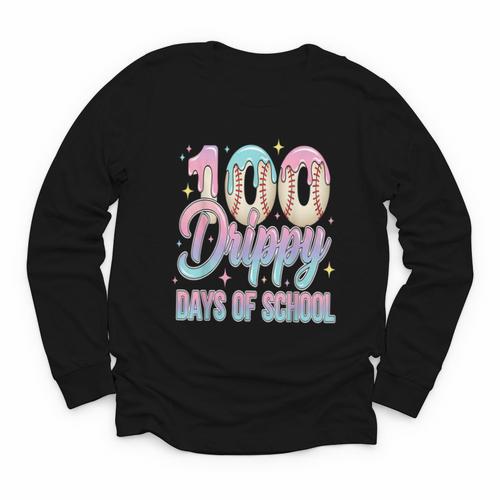 Boys Kids 100 Drippy Days Of School Baseball Drip Ice Cream Youth Long Sleeve Tee - Sportilla