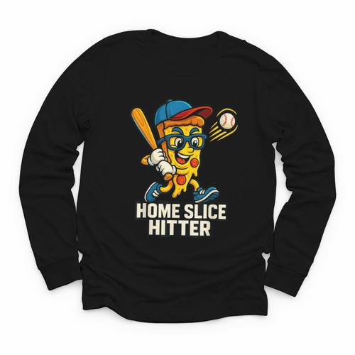 Boys Pizza Theme Baseball Home Hitter Youth Long Sleeve Tee - Sportilla