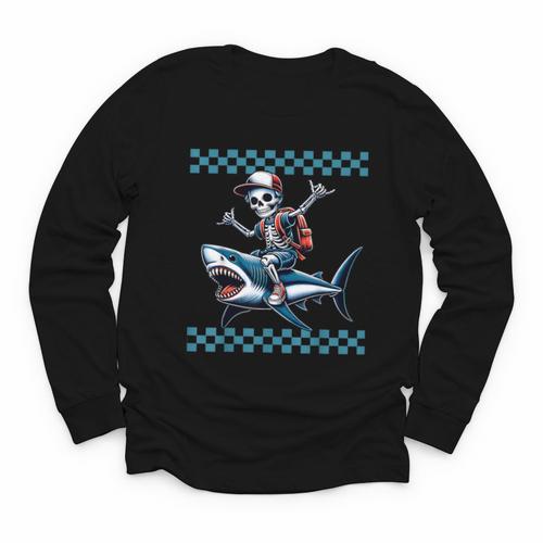 Boys Skeleton Riding a Shark Back To School Youth Long Sleeve Tee - Savourry