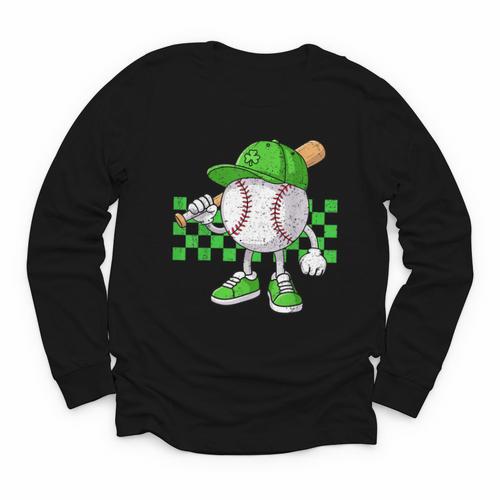 Boys St Patricks Day Baseball Player Pitcher Coach Kids Youth Long Sleeve Tee - Sportilla