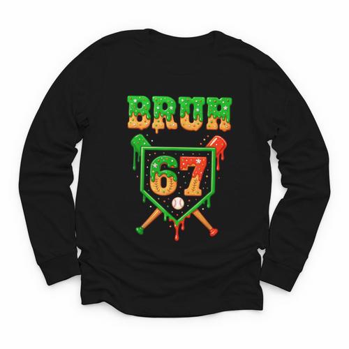 Bruh 67 Baseball Christmas Gingerbread Drip Number 67 Player Youth Long Sleeve Tee - Sportilla