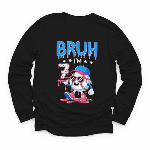 Bruh I'm 7 Baseball Ice Cream Drip It's My 7th Birthday Youth Long Sleeve Tee - Sportilla