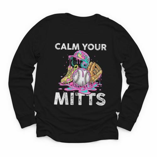 Calm Your Mitts Baseball Ice Cream Drip Crossed Bats Sport Youth Long Sleeve Tee - Sportilla