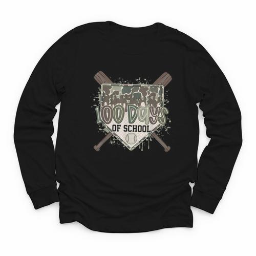 Camo 100 Days Of School Baseball Home Plate Drip Boy Kids Youth Long Sleeve Tee - Sportilla