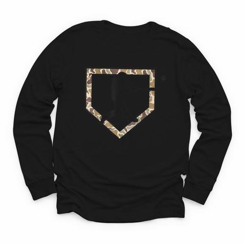 Camo Home Plate Camouflage Baseball Batter Youth Boys Youth Long Sleeve Tee - Sportilla