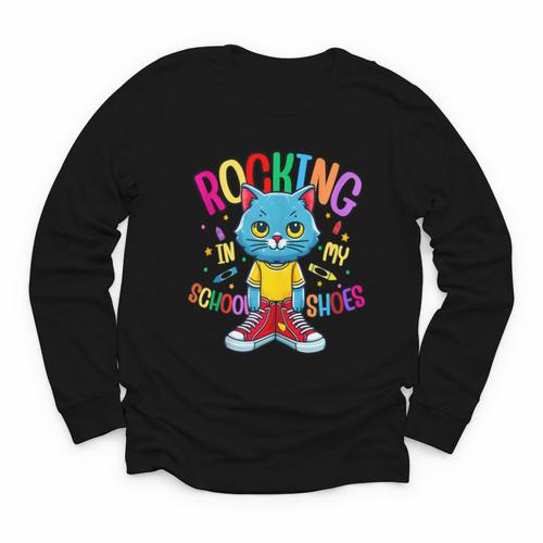 Cat Rocking I n My School Shoes Back To School Student Youth Long Sleeve Tee - Savourry
