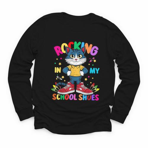 Cat Rocking In My School Shoes Back To School Kids Tee Youth Long Sleeve Tee - Savourry