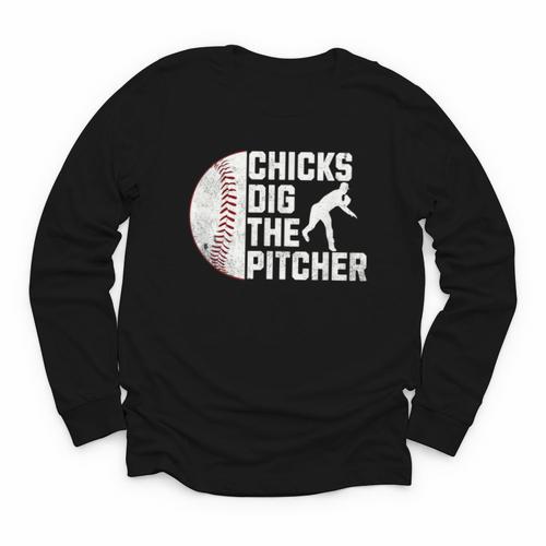Chicks Dig The Pitcher Baseball Youth Long Sleeve Tee - Sportilla