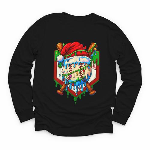 Christmas Baseball Ice Cream Drip Santa Baseball Player Kids Youth Long Sleeve Tee - Sportilla