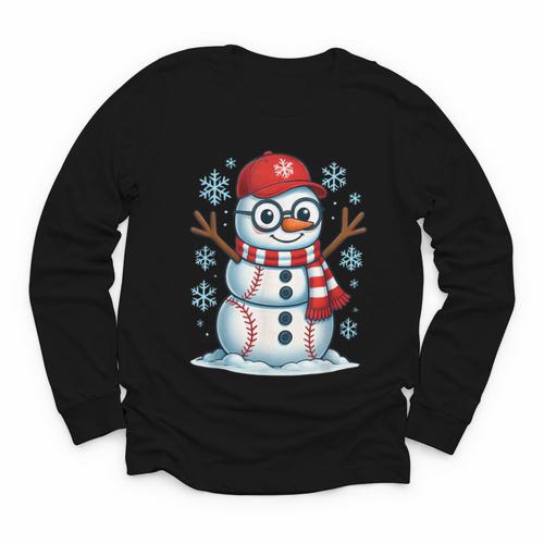 Christmas Baseball Snowman Xmas Pajamas Women Men Boys Youth Long Sleeve Tee - Sportilla
