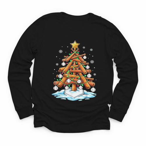 Christmas Baseball Tree Lights Xmas Youth Long Sleeve Tee - Sportilla