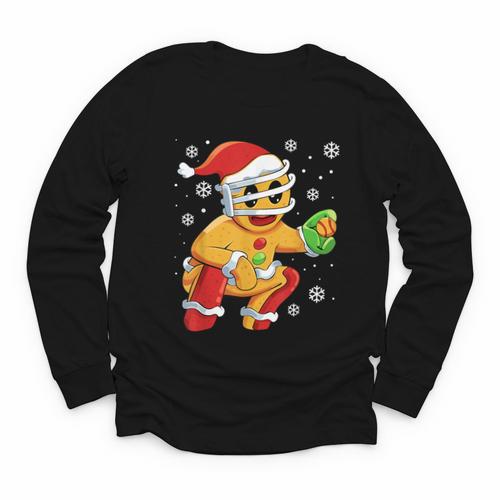 Christmas Gingerbread Man Baseball Player Catcher Youth Long Sleeve Tee - Sportilla