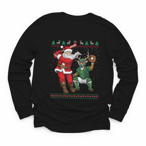 Christmas Santa Baseball Ugly Sweater Youth Long Sleeve Tee - Sportilla