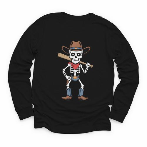 Cowboy Skeleton Baseball Halloween Graphic Youth Long Sleeve Tee - Sportilla
