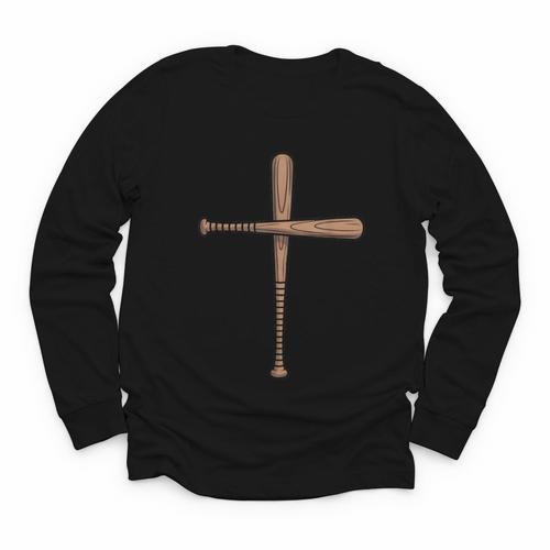 Cross Baseball Bats Christian Faith Sports Coach Pitcher Youth Long Sleeve Tee - Sportilla