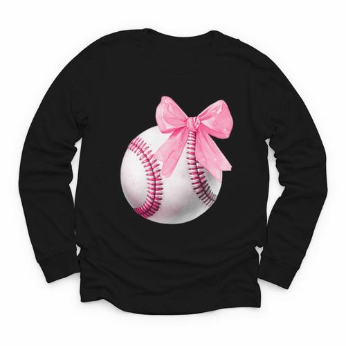 Cute Coquette Baseball Pink Bow Player & Fan Girls Youth Long Sleeve Tee - Sportilla