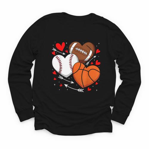 Cute Heart Baseball Basketball Football Valentine Boy Men Youth Long Sleeve Tee - Sportilla