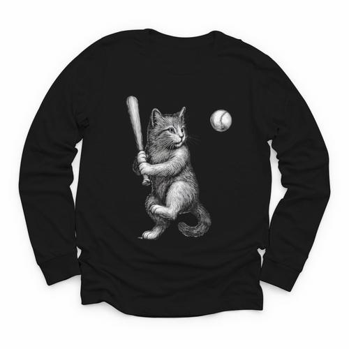 Cute Kitten Playing Baseball Hitter Bat Cool Baseball Cat Youth Long Sleeve Tee - Sportilla