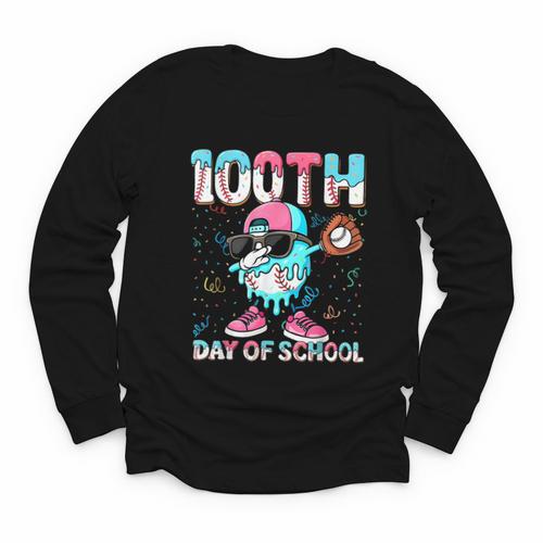 Dabbing Drippy 100th Days Of School Baseball Ice Cream Drip Youth Long Sleeve Tee - Sportilla