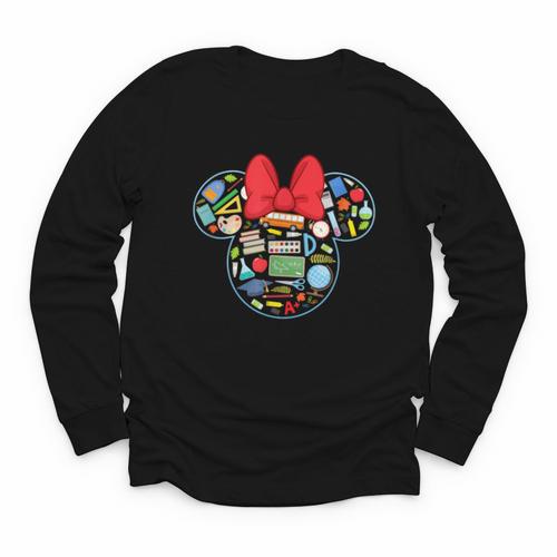 Disney Minnie Mouse Back To School Supplies Face Outline Youth Long Sleeve Tee - Savourry