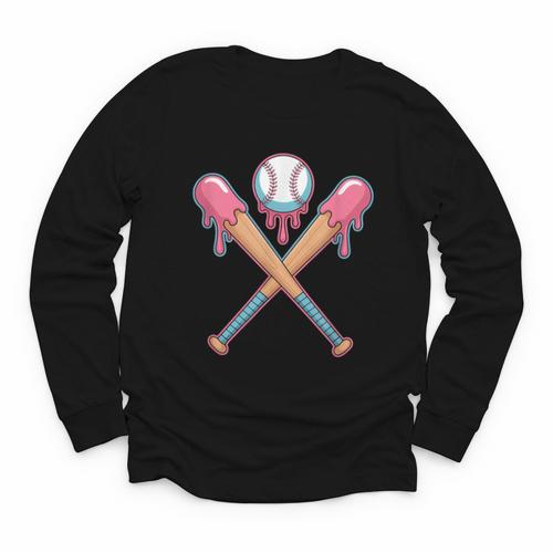 Dripping Pink Baseball Crossed Bats Summer Youth Long Sleeve Tee - Sportilla