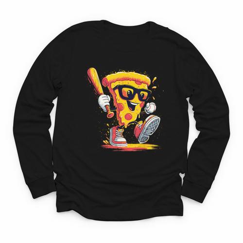 Drippy Pizza Baseball Slice Cartoon Sports Food Youth Long Sleeve Tee - Sportilla
