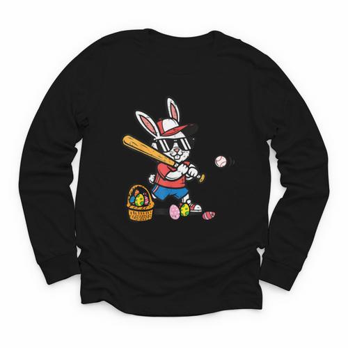 Easter Bunny Baseball Player Batter Rabbit Boys Kids Men Youth Long Sleeve Tee - Sportilla
