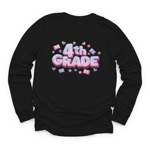 First Day Of 4th Grade Girls Coquette Bow Back To School Youth Long Sleeve Tee - Savourry