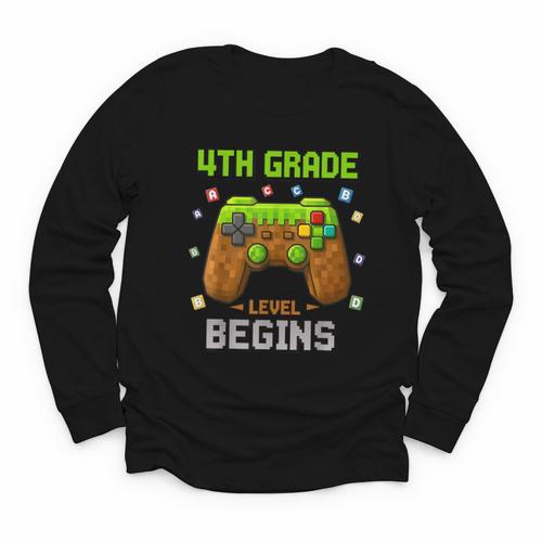 First Day Of 4th Grade Level Begins Back To School Boy Youth Long Sleeve Tee - Savourry