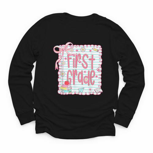 First Grade Coquette Bow Pink Preppy Back To School Girls Youth Long Sleeve Tee - Savourry