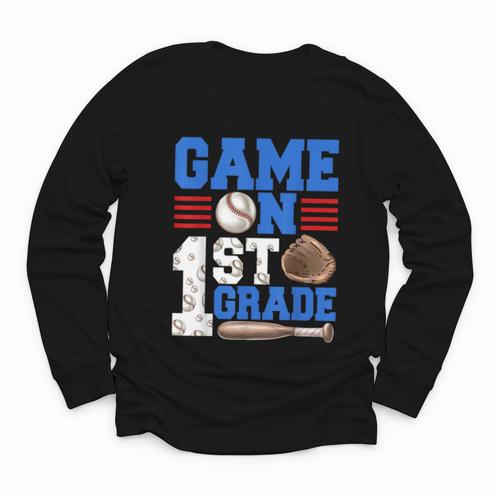 Game On First Grade Boy Baseball Back To School Youth Long Sleeve Tee - Savourry