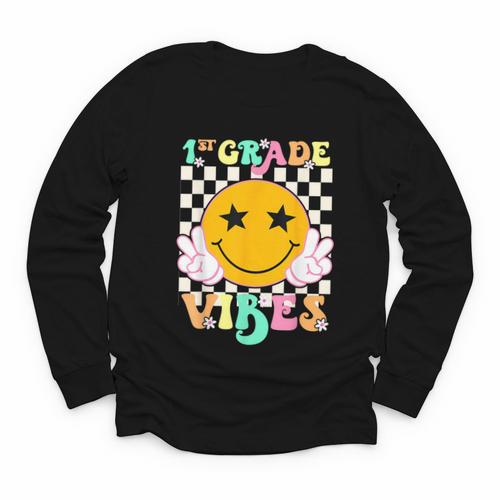 Girls 1st Grade Vibes Smile Face Back To School 1st Grade Youth Long Sleeve Tee - Savourry