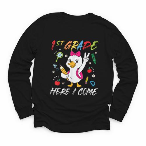Girls Goose 1st Grade Here I Come Back To School Kids Youth Long Sleeve Tee - Savourry